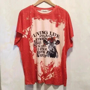 MISSLOOK Women's Size 2XL Crew‎ Neck Pullover Short Sleeve Tee Shirt Red/White